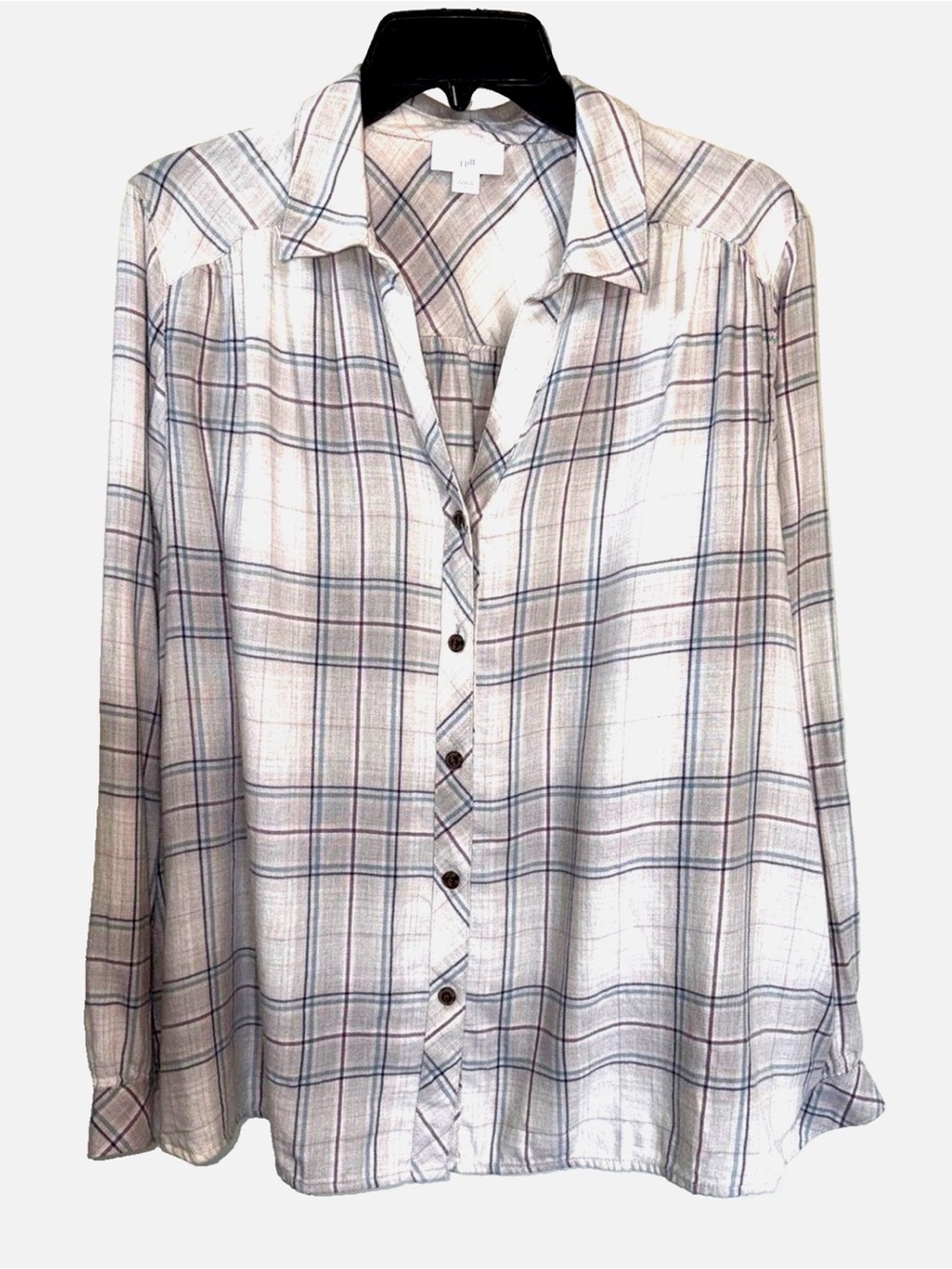 J Jill Plaid Tunic Blouse Large Cotton Modal Gathered Back Shirt